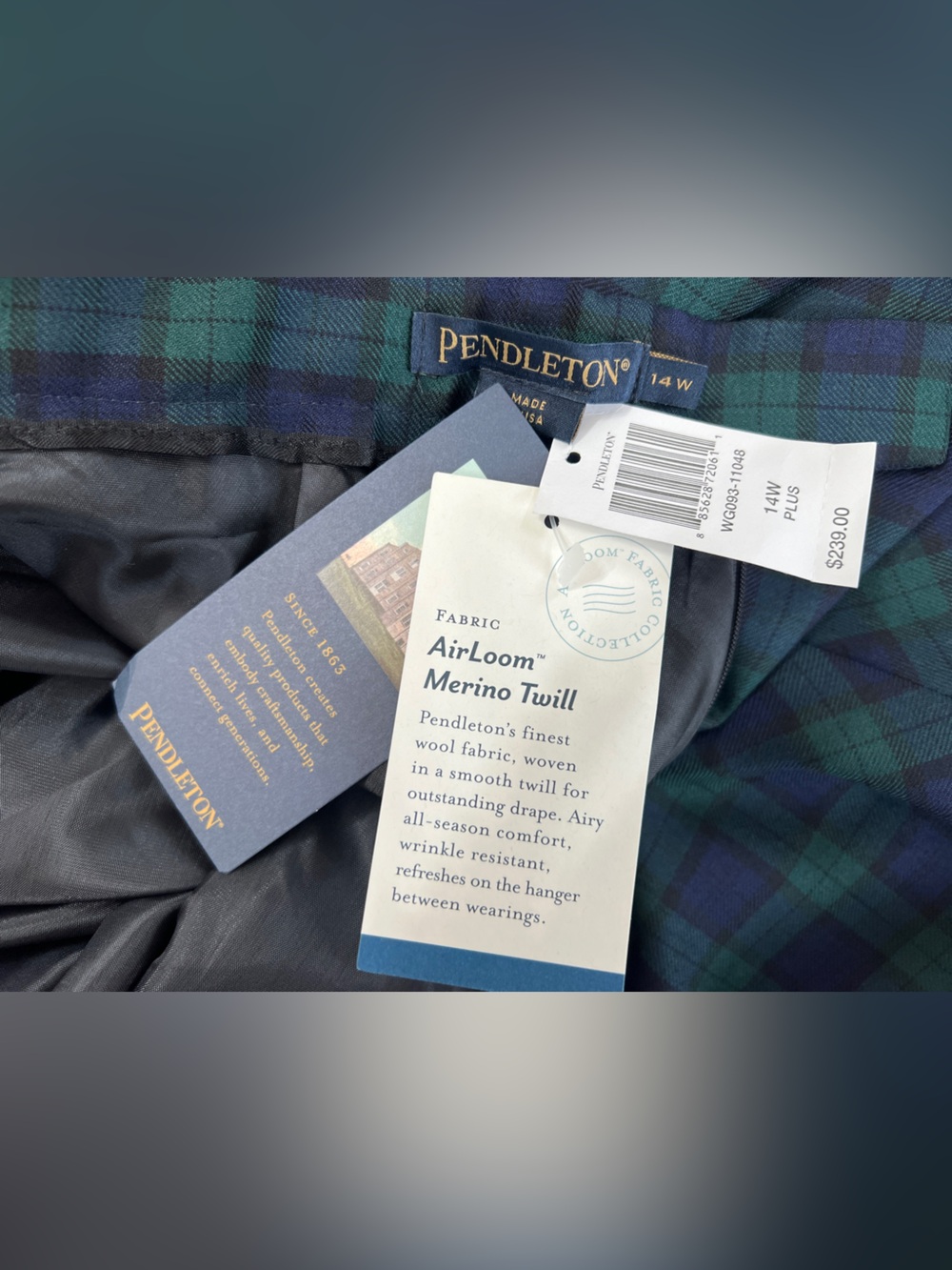 Pendleton Vintage 100% Virgin Wool Navy and Green Plaid A-Line Midi Skirt 14W - Picture 7 of 10